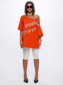 SUMWON WOMEN Summer Forever Script Print Oversized Off-Shoulder T-Shirt Dress With Raw Hem And Short Sleeves - Red - View 6