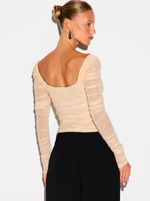 KIZN Ruched Mesh Long Sleeve Top With Sweetheart Neckline Hook And Eye Front Closure Open Back Corset Style Fitted Blouse Party Night Out - Cream - View 3