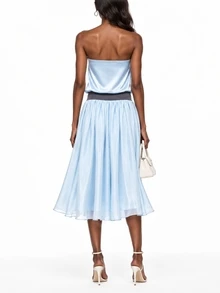 Zerodot Women Icy Blue With Contrast Waist Panel Flowy Organza Midi Dress Elegant Vacation Party Spring Fall - Sky Blue - View 2