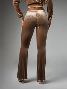 BABYPHAT Velvet Flared Flare Leg Low Rise Drawstring Tracksuit Pants With Rhinestone Stud Side Detail And Logo Script Back Print - Coffee Brown - View 2