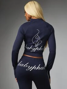 BABYPHAT Cropped Track Top With Full Zip Closure White Piping Logo Print And Long Sleeves For Fall Winter - Navy Blue - View 2