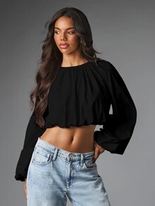 MISSGUIDED ملابس علوية قصيرة بأكمام بالون مع ياقة مجمعة وحافة مطاطية - ملابس علوية قصيرة فضفاضة لمناسبات الربيع والصيف - الأسود - مشاهدة 1