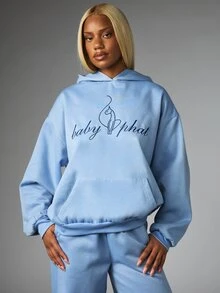 BABYPHAT Sweatshirt Pullover Ukuran Besar dengan Logo Kucing Bordir di Bagian Depan dan Belakang, Lengan Panjang, Nyaman dan Kasual. - Dusty Blue - View 1