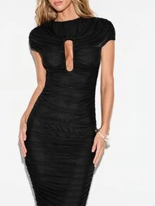 KIZN Ruched Mesh Midi Dress With Keyhole Cutout Detail Cap Sleeve Body-Con Silhouette Gathered Fabric Back Slit Party Evening Holiday - Black - View 4