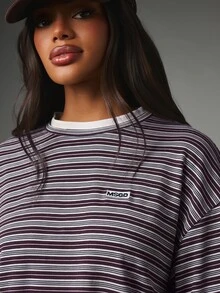 MISSGUIDED Striped Long Sleeve Top And Wide Leg Trousers Relaxed Fit Full Length Pull On Palazzo Pants With Elasticated Waist Casual Everyday Style Set - Burgundy - View 5