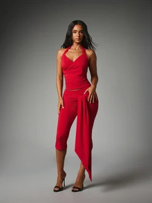 MISSGUIDED Halter Neck Ruched Crop Top And Cropped Capri Leggings Co-Ord Set With Asymmetric Wrap Tie Detail Party Night Out Two Pieces Outfit - Burgundy - View 1