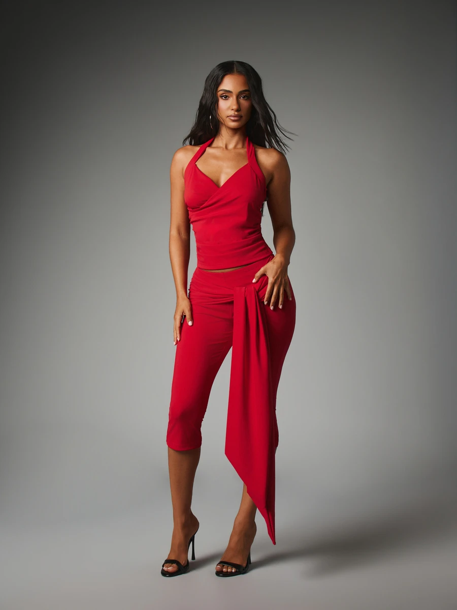 MISSGUIDED Halter Neck Ruched Crop Top And Cropped Capri Leggings Co-Ord Set With Asymmetric Wrap Tie Detail Party Night Out Two Pieces Outfit - Burgundy - View 1