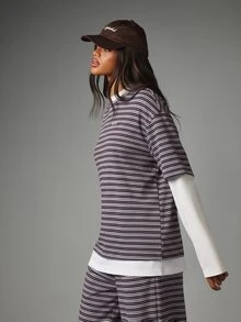 MISSGUIDED Striped Long Sleeve Top And Wide Leg Trousers Relaxed Fit Full Length Pull On Palazzo Pants With Elasticated Waist Casual Everyday Style Set - Burgundy - View 4