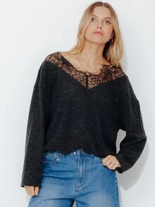 Pimkie Edition Women's Contrast Lace Cold Shoulder Long Sleeve Loose Top - Black - View 1