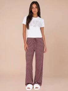 MISSGUIDED TEEN Striped Wide Leg Lounge Pants With Drawstring Waist Cozy Soft Knit Flare Bottom Pull On Pajama Style Trousers - Brown - View 3