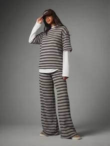 MISSGUIDED Set Atasan Lengan Panjang Motif Garis dan Celana Palazzo Kaki Lebar Potongan Longgar Panjang Penuh Model Tarik dengan Pinggang Elastis Gaya Kasual Sehari-hari - Krem - View 5