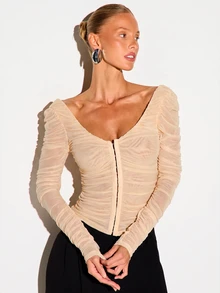KIZN Ruched Mesh Long Sleeve Top With Sweetheart Neckline Hook And Eye Front Closure Open Back Corset Style Fitted Blouse Party Night Out - Cream - View 5