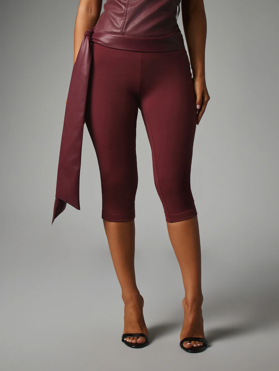 MISSGUIDED High Rise Cropped Leggings With Tie Detail Waist Skin Tight Capri Length Stretch Knit Pants Fall Winter Season - Coffee Brown - View 1