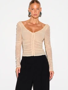 KIZN Ruched Mesh Long Sleeve Top With Sweetheart Neckline Hook And Eye Front Closure Open Back Corset Style Fitted Blouse Party Night Out - Cream - View 1