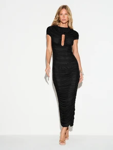KIZN Ruched Mesh Midi Dress With Keyhole Cutout Detail Cap Sleeve Body-Con Silhouette Gathered Fabric Back Slit Party Evening Holiday - Black - View 5
