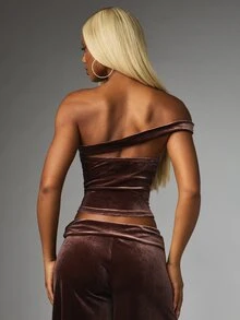 BABYPHAT Women's Rhinestone Decor One Shoulder Cutout Sexy Cropped Top - Coffee Brown - View 2