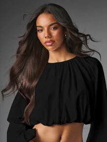 MISSGUIDED ملابس علوية قصيرة بأكمام بالون مع ياقة مجمعة وحافة مطاطية - ملابس علوية قصيرة فضفاضة لمناسبات الربيع والصيف - الأسود - مشاهدة 4