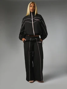BABYPHAT Women's Striped Colorblock Embroidered Loose Long Pants For Daily Wear - Black - View 5