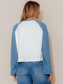 Pimkie Edition Women's Casual Letter Print Contrast Color Long Sleeve T-Shirt - Blue and White - View 2