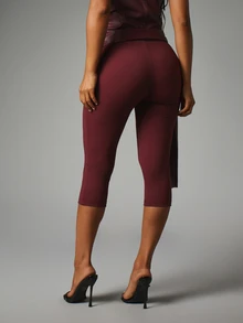 MISSGUIDED High Rise Cropped Leggings With Tie Detail Waist Skin Tight Capri Length Stretch Knit Pants Fall Winter Season - Coffee Brown - View 3
