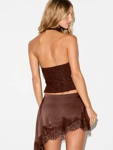 KIZN Lace Halter Crop Top With Scallop Trim And Open Back Party Night Out Festival Summer Style - Chocolate Brown - View 2