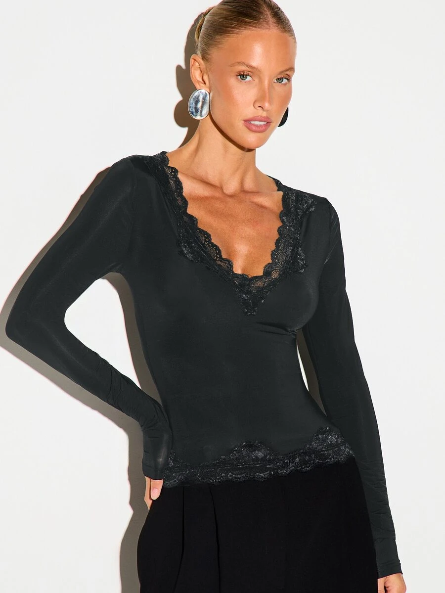KIZN Long Sleeve V-Neck Top With Scalloped Lace Trim Neckline And Hem, Fitted Stretch Jersey, Party Night Out - Grey - View 1