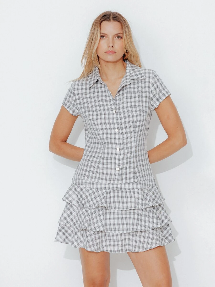 Pimkie Edition Women's Street Style Plaid Button Ruffle Hem Dress - Black and White - View 1