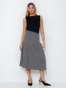 Pimkie Edition Women's Plaid Ruffle Hem Elegant Commuter Midi Skirt - Coffee Brown - View 3