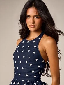 AiiRZ Polka Dot Peplum Halter Top With Ruffle Hem And Open Back - Retro Vintage Summer Party Style - Navy Blue - View 5