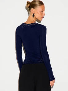 KIZN Long Sleeve V-Neck Top With Lace Trim Neckline And Hem, Fitted Stretch Jersey, Scalloped Lace Detail, Fall Winter Essential - Navy Blue - View 2