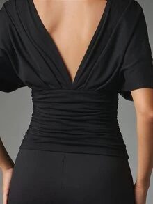 MISSGUIDED Deep Plunge V-Neck Batwing Sleeve Blouse With Lace-Up Corset Waist And Metal Eyelets Ruched Side Detail - Black - View 5
