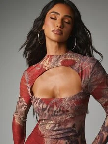 MISSGUIDED Dragon And Leopard Mixed Animal Print Mesh Mini Dress With Chest Cut-Out Long Sleeves And Open Back Holiday Party Night Out Halloween - Multicolor - View 2