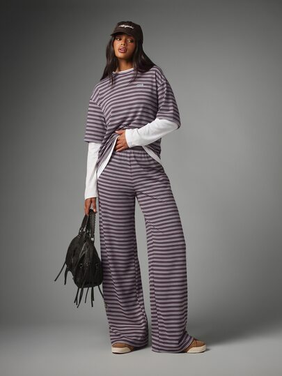 MISSGUIDED סט בגדים יומיומי קז'ואל עם חולצה ארוכת שרוולים מפסיים ומכנסי פאלאצו רחבים בגזרה רפויה, אורך מלא, לבישה מהירה עם מותן אלסטית