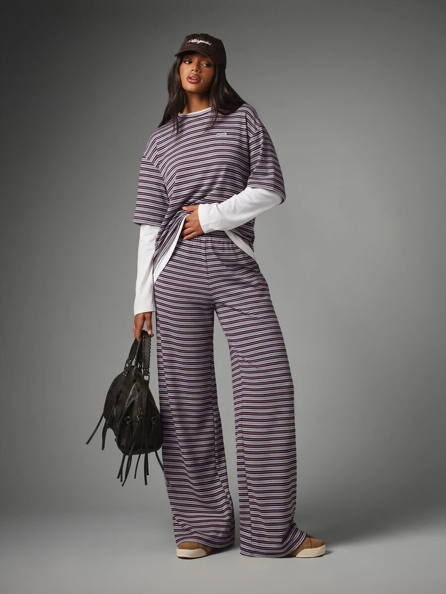 MISSGUIDED Striped Long Sleeve Top And Wide Leg Trousers Relaxed Fit Full Length Pull On Palazzo Pants With Elasticated Waist Casual Everyday Style Set - Burgundy - View 1