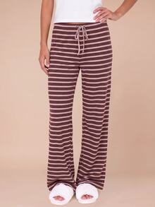 MISSGUIDED TEEN Striped Wide Leg Lounge Pants With Drawstring Waist Cozy Soft Knit Flare Bottom Pull On Pajama Style Trousers - Brown - View 1