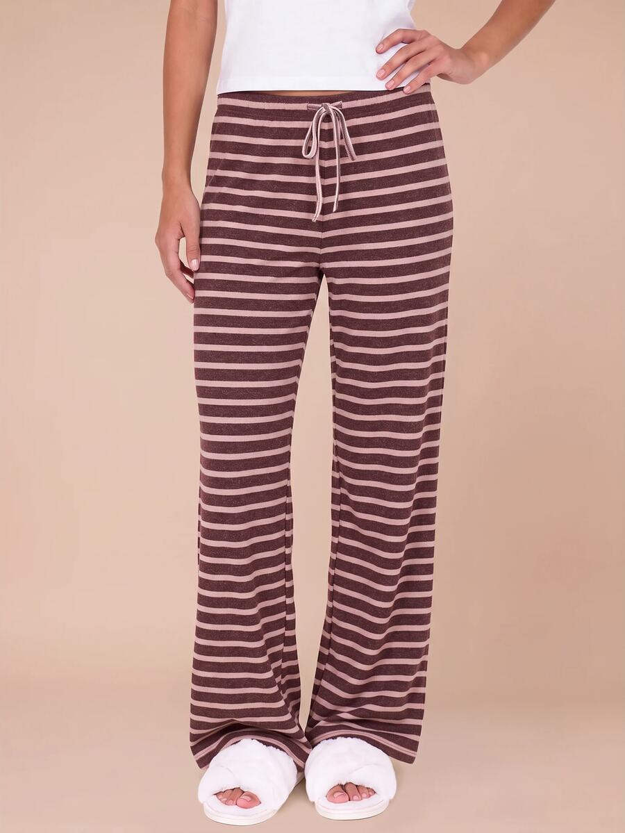 MISSGUIDED TEEN Striped Wide Leg Lounge Pants With Drawstring Waist Cozy Soft Knit Flare Bottom Pull On Pajama Style Trousers - Brown - View 1