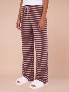 MISSGUIDED TEEN Striped Wide Leg Lounge Pants With Drawstring Waist Cozy Soft Knit Flare Bottom Pull On Pajama Style Trousers - Brown - View 4