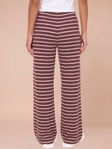 MISSGUIDED TEEN Striped Wide Leg Lounge Pants With Drawstring Waist Cozy Soft Knit Flare Bottom Pull On Pajama Style Trousers - Brown - View 2