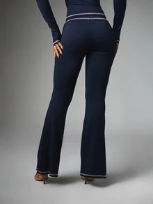 BABYPHAT Flared Pants With Circular Logo Print And Pink Rhinestone Contrast Trim Full Length Mid Rise Stretch Casual Bottoms - Navy Blue - View 2
