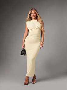 MISSGUIDED Sleeveless Bodycon Midi Dress With Ruched Waist Bateau Neckline And Figure Hugging Silhouette For Party Date Night - Cream - View 1