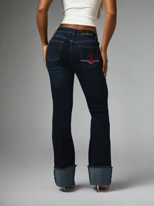 BABYPHAT Women's Cuffed Hem Pocket Button Slim Fit Casual Denim Jeans - Dark Wash - View 2