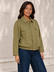 ELLERISSA Plus Size Army Green Collared Long Sleeve Flap Pocket Elastic Hem Bomber Jacket - Army Green - View 4