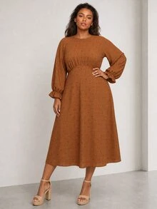 ELLERISSA Plus Size Rust Brown Textured Long Sleeve V Neck A Line Midi Dress - Rust Brown - View 1