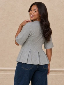 ELLERISSA Plus Size Grey Round Neck Short Sleeve Pleated Detail Peplum T Shirt Top - Grey - View 2