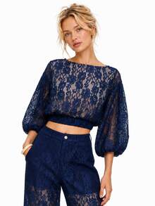 Zerodot Women Navy Blue Floral Lace With Puff Sleeves Crop Top Party Going Out Fall Pre Fall - Royal Blue - View 3