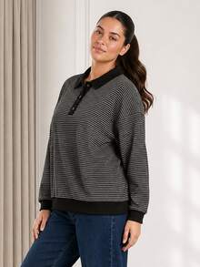 ELLERISSA Plus Size Blue Stripe Polo Collar Long Sleeve Knit Top - Blue - View 4