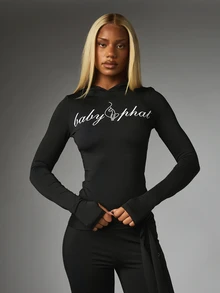 BABYPHAT Hoodie Crop Lengan Panjang dengan Logo Tulisan, Atasan Pas Badan dengan Lubang Jempol dan Tudung, Pakaian Esensial Musim Gugur dan Musim Dingin - Hitam - View 5