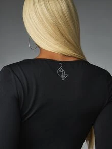 BABYPHAT Rhinestone Script Logo Crop Top With Scoop Neck And Elbow Length Fitted Sleeves For Night Out And Festival Season - Black - View 4