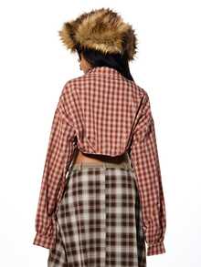 SUMWON WOMEN Plaid Check Oversized Shirt Tied Front Crop Top Long Sleeve Button Down Flannel Shirt Fall Winter Casual - Red - View 2