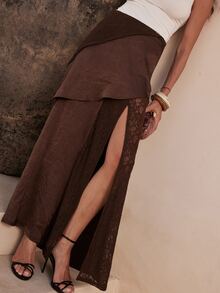 Dancing Leopard Rok Berlapis Renda Satin Cokelat Kopi, Pakaian Liburan/Rekreasi - Coffee Brown - View 4
